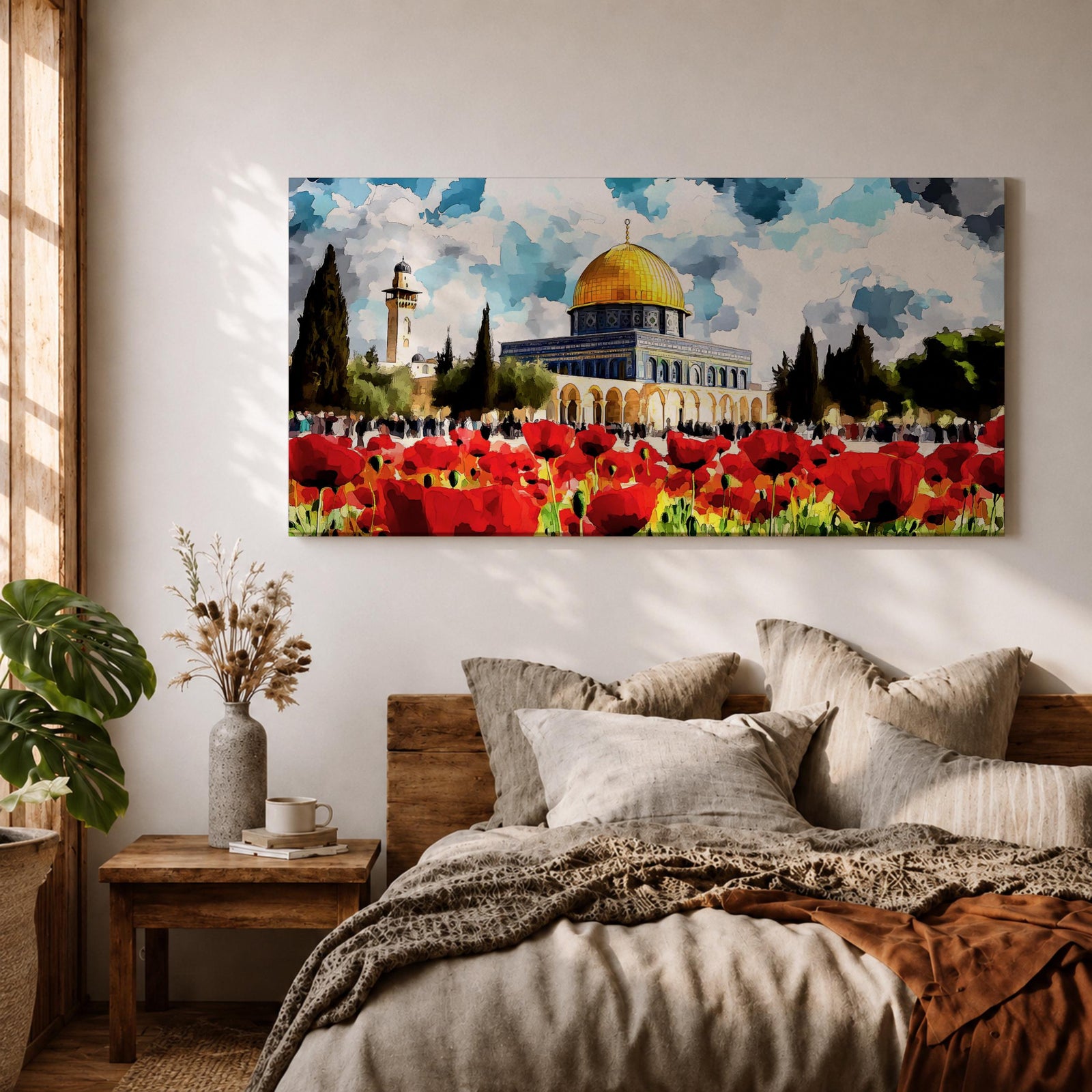 Panoramic painting of the Dome of the Rock in Jerusalem with its golden dome rising behind a vibrant field of red poppies under a dramatic cloudy sky