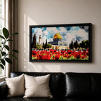 Panoramic painting of the Dome of the Rock in Jerusalem with its golden dome rising behind a vibrant field of red poppies under a dramatic cloudy sky