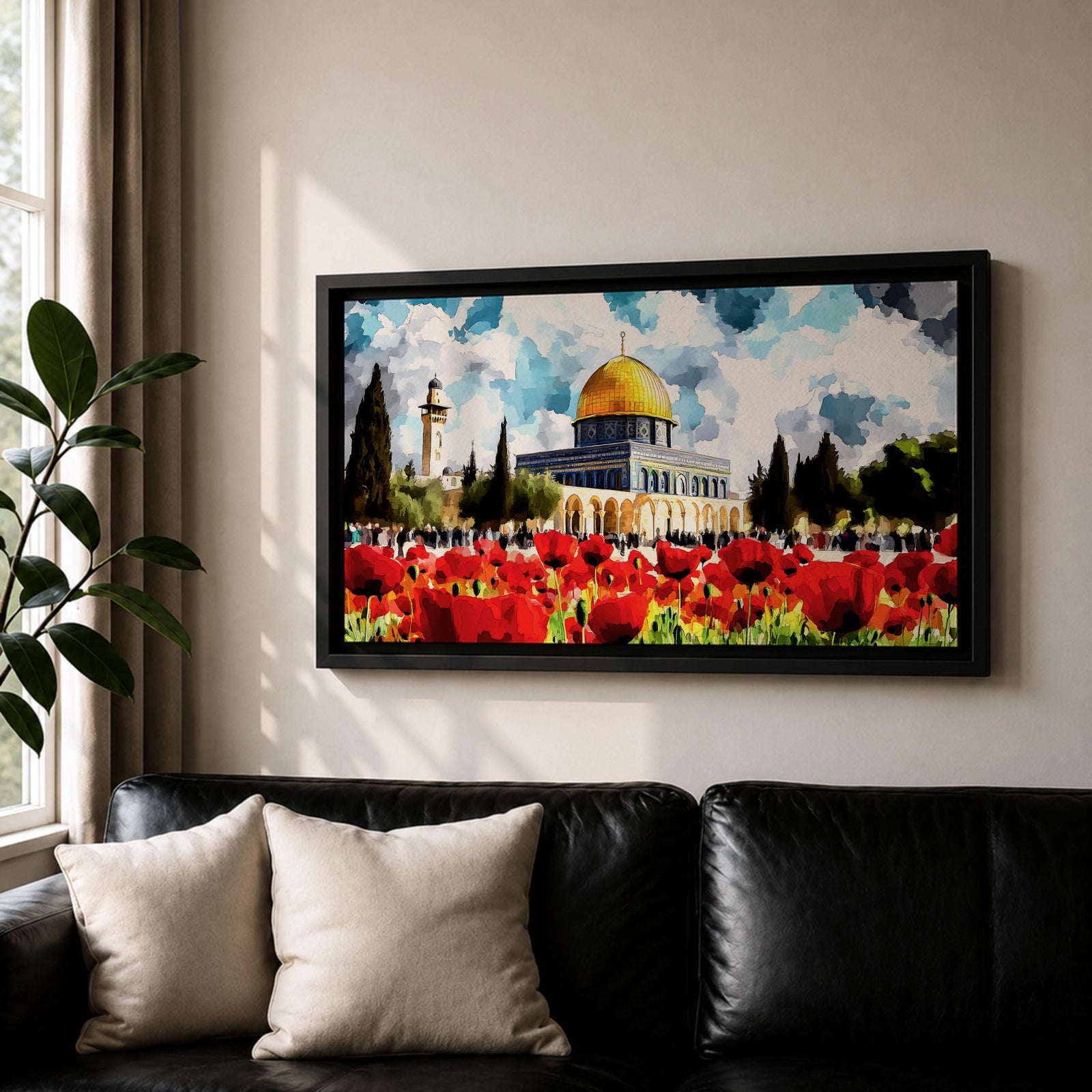 Panoramic painting of the Dome of the Rock in Jerusalem with its golden dome rising behind a vibrant field of red poppies under a dramatic cloudy sky