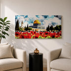 Panoramic painting of the Dome of the Rock in Jerusalem with its golden dome rising behind a vibrant field of red poppies under a dramatic cloudy sky