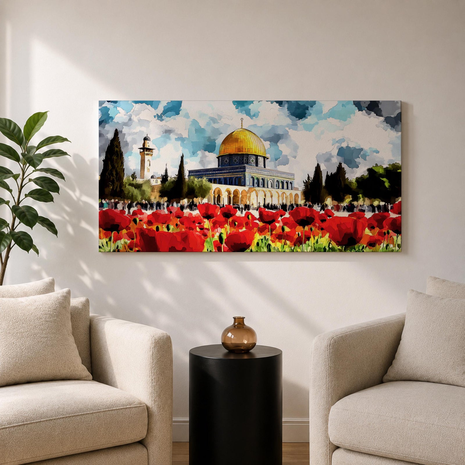 Panoramic painting of the Dome of the Rock in Jerusalem with its golden dome rising behind a vibrant field of red poppies under a dramatic cloudy sky