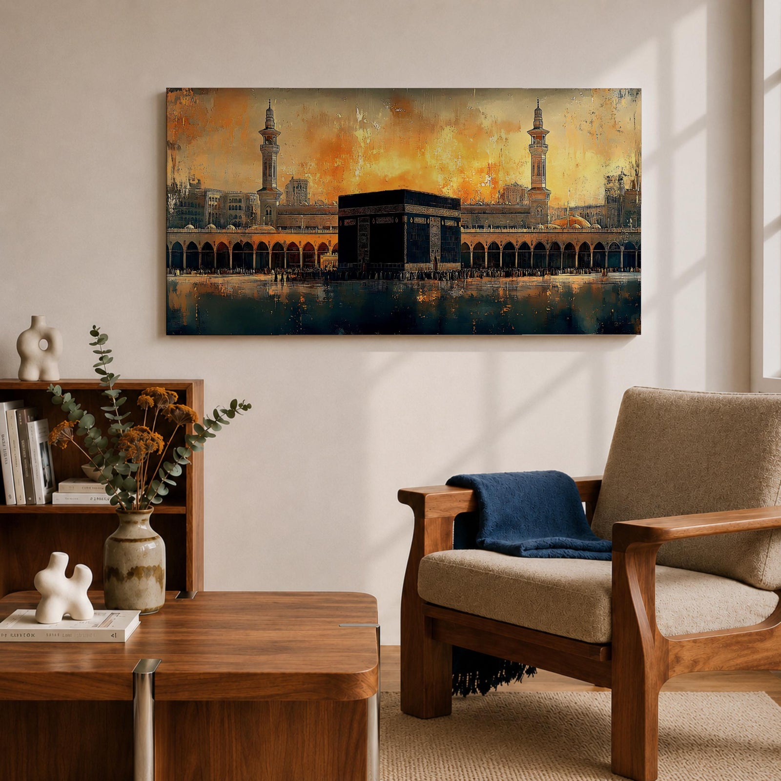 Panoramic painting of the Kaaba at Masjid al Haram in Mecca surrounded by mosque arches and minarets under a glowing golden sky