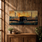 Panoramic painting of the Kaaba at Masjid al Haram in Mecca surrounded by mosque arches and minarets under a glowing golden sky