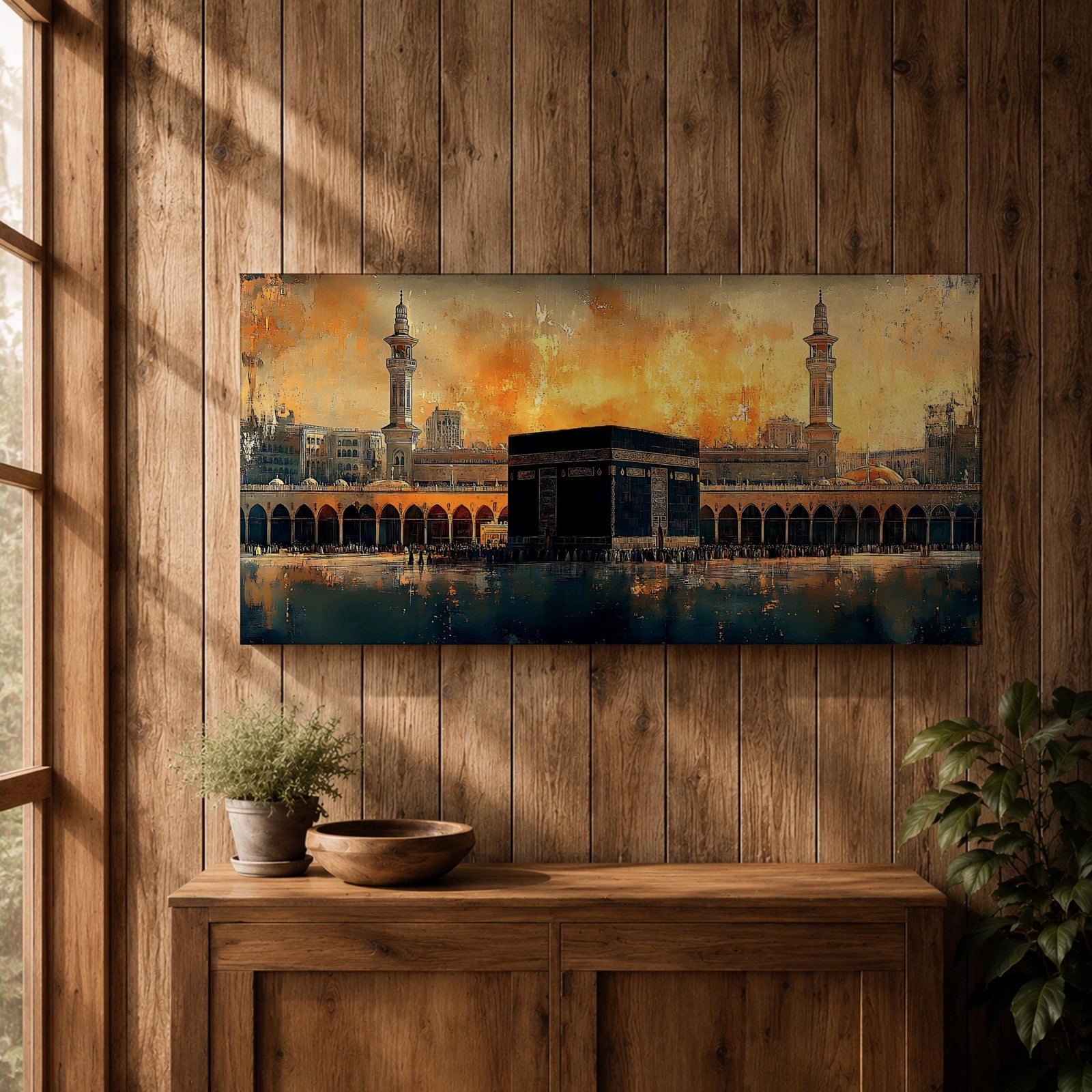 Panoramic painting of the Kaaba at Masjid al Haram in Mecca surrounded by mosque arches and minarets under a glowing golden sky
