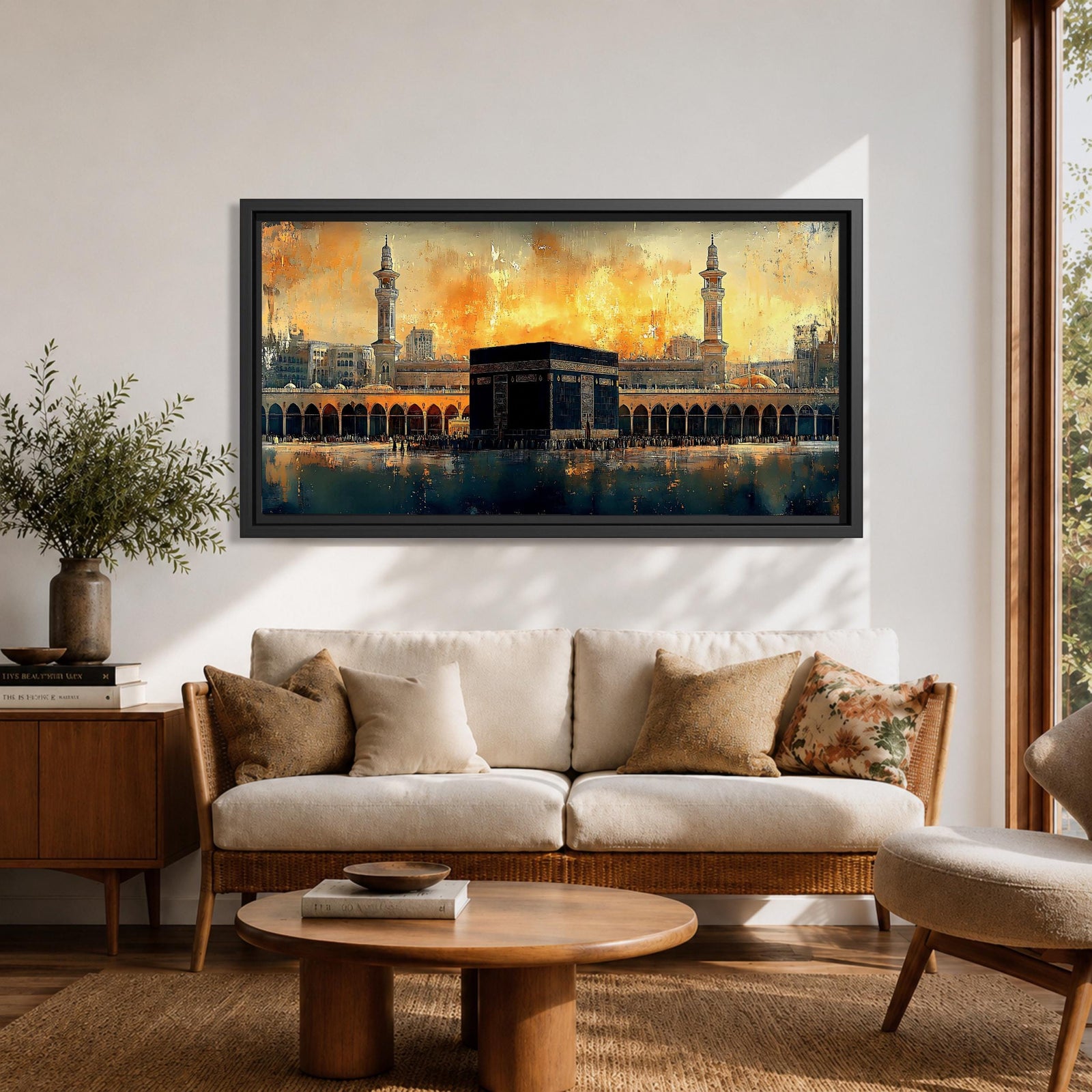 Panoramic painting of the Kaaba at Masjid al Haram in Mecca surrounded by mosque arches and minarets under a glowing golden sky