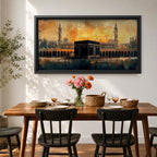 Panoramic painting of the Kaaba at Masjid al Haram in Mecca surrounded by mosque arches and minarets under a glowing golden sky