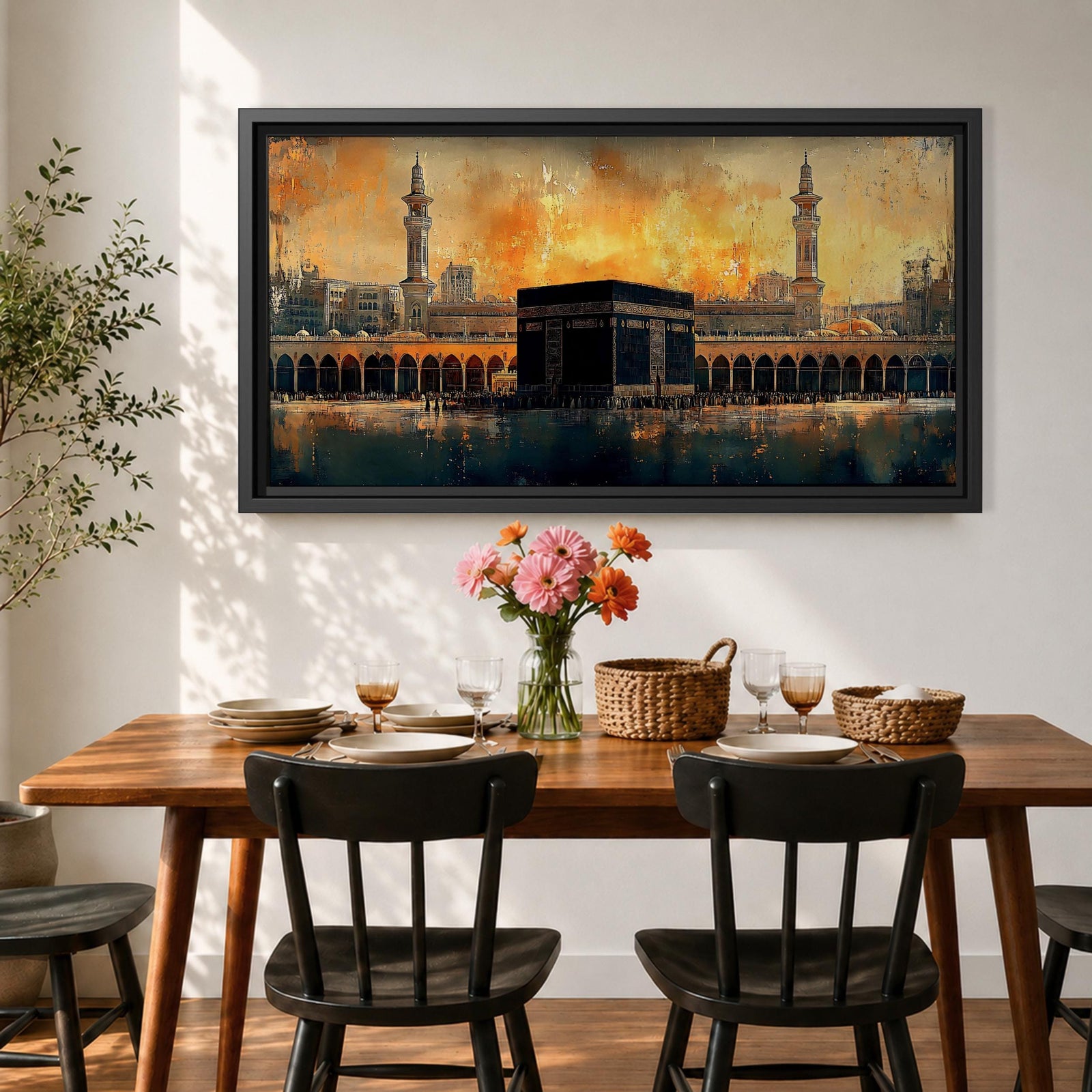 Panoramic painting of the Kaaba at Masjid al Haram in Mecca surrounded by mosque arches and minarets under a glowing golden sky