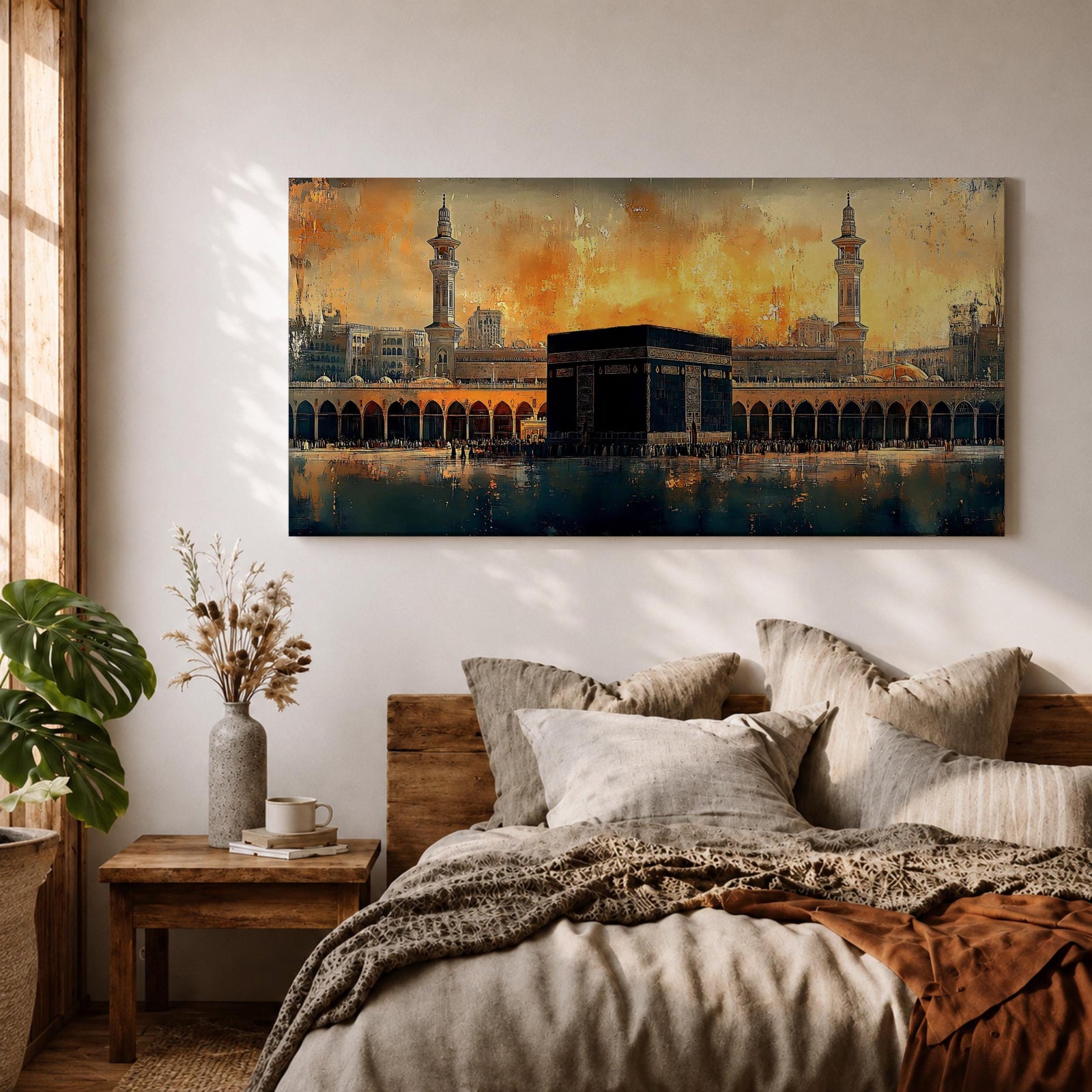 Panoramic painting of the Kaaba at Masjid al Haram in Mecca surrounded by mosque arches and minarets under a glowing golden sky