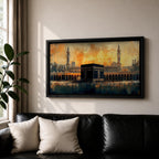 Panoramic painting of the Kaaba at Masjid al Haram in Mecca surrounded by mosque arches and minarets under a glowing golden sky