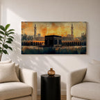 Panoramic painting of the Kaaba at Masjid al Haram in Mecca surrounded by mosque arches and minarets under a glowing golden sky