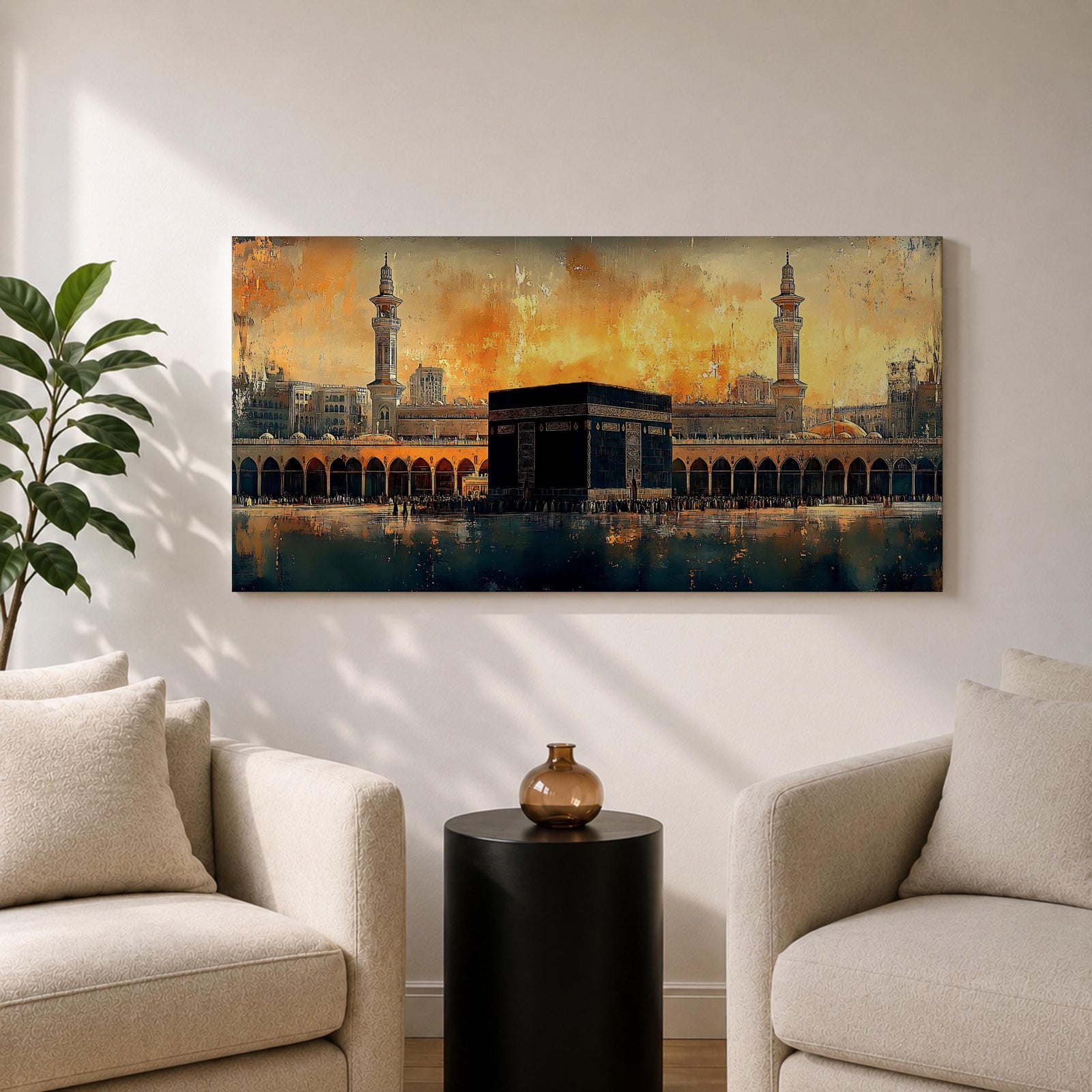 Panoramic painting of the Kaaba at Masjid al Haram in Mecca surrounded by mosque arches and minarets under a glowing golden sky