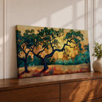 Panoramic painting of two large oak trees with twisting branches standing in a sunlit golden landscape with warm autumn tones and distant forest backdrop