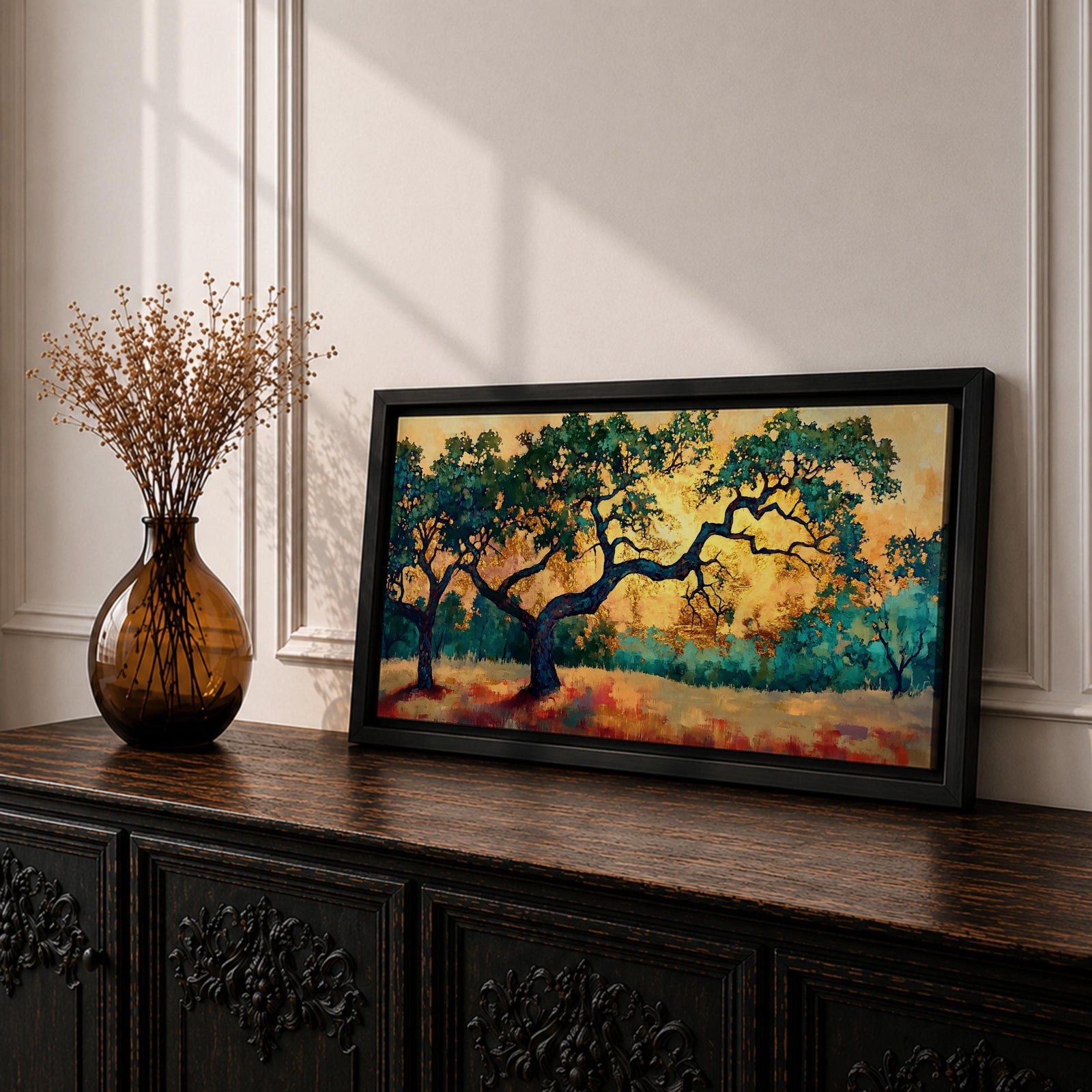 Panoramic painting of two large oak trees with twisting branches standing in a sunlit golden landscape with warm autumn tones and distant forest backdrop