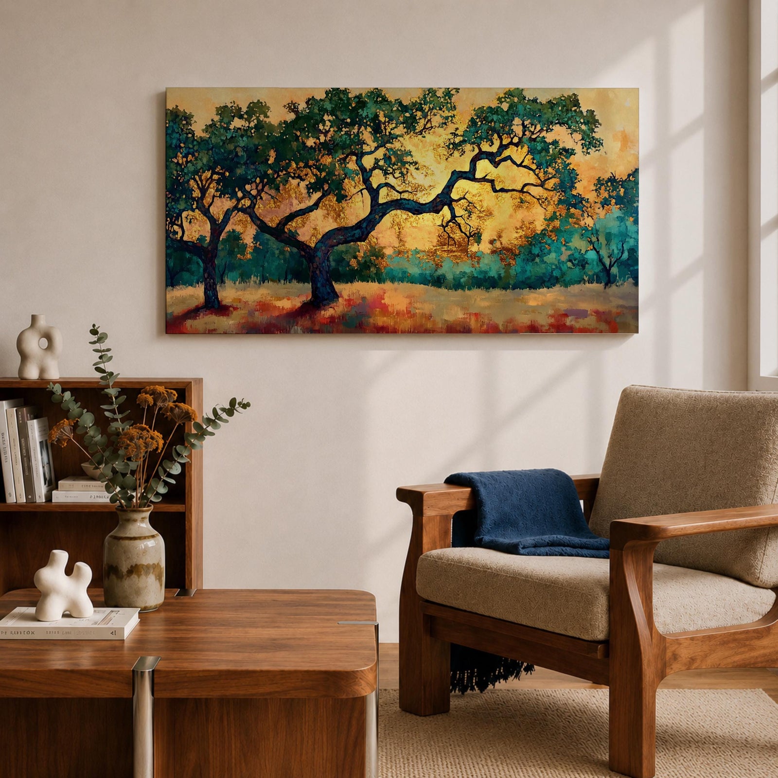 Panoramic painting of two large oak trees with twisting branches standing in a sunlit golden landscape with warm autumn tones and distant forest backdrop