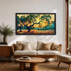 Panoramic painting of two large oak trees with twisting branches standing in a sunlit golden landscape with warm autumn tones and distant forest backdrop