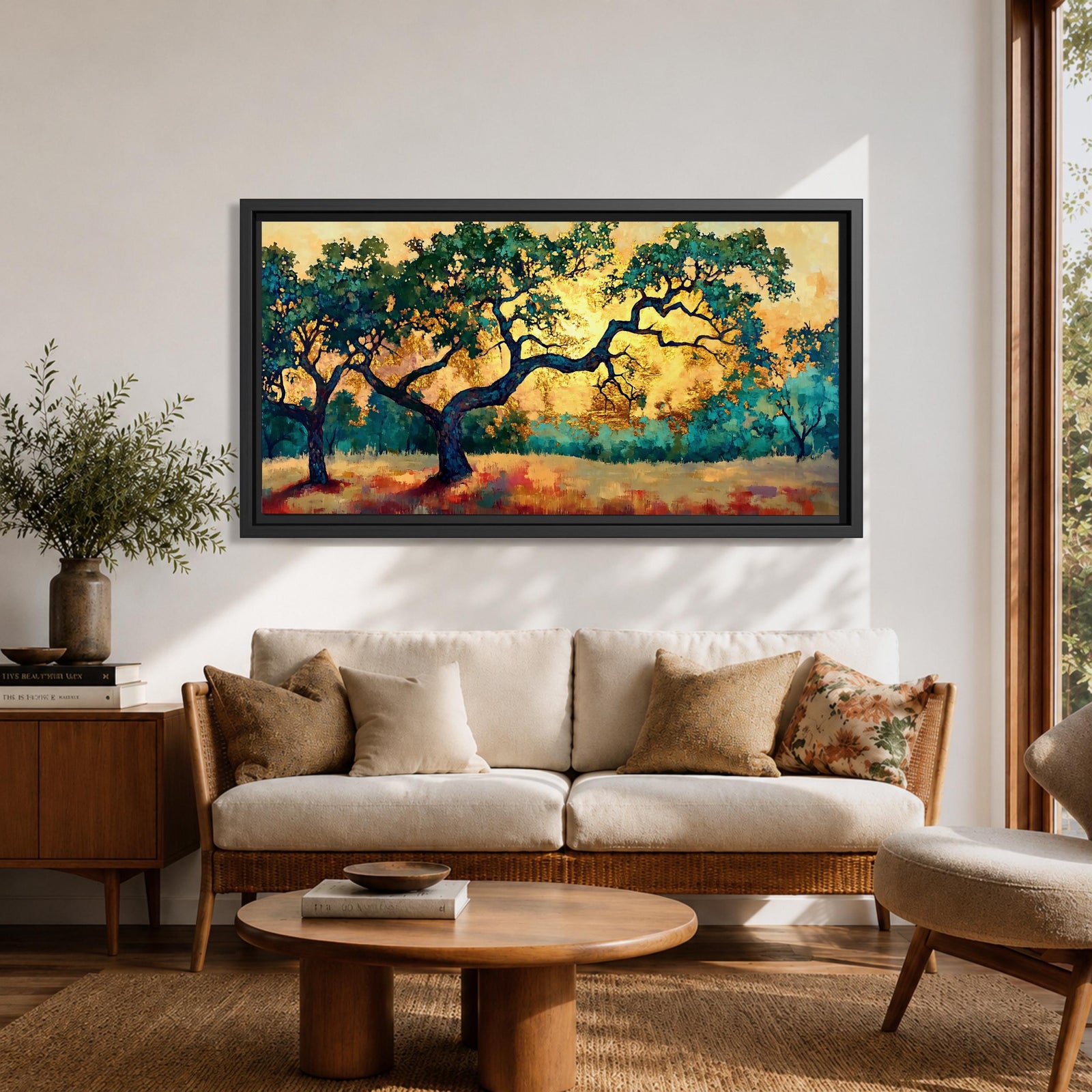 Panoramic painting of two large oak trees with twisting branches standing in a sunlit golden landscape with warm autumn tones and distant forest backdrop