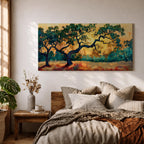Panoramic painting of two large oak trees with twisting branches standing in a sunlit golden landscape with warm autumn tones and distant forest backdrop