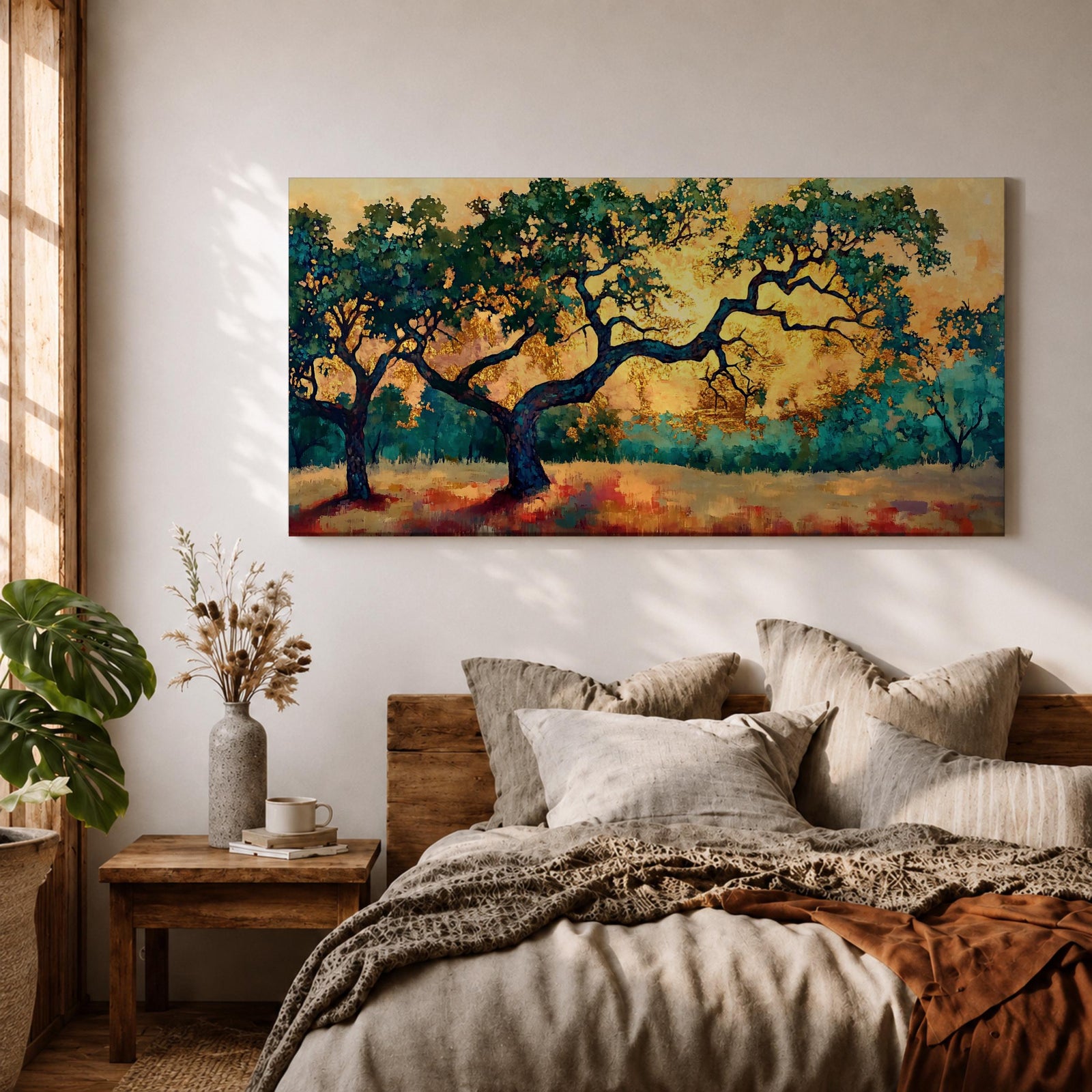 Panoramic painting of two large oak trees with twisting branches standing in a sunlit golden landscape with warm autumn tones and distant forest backdrop