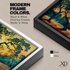 Panoramic painting of two large oak trees with twisting branches standing in a sunlit golden landscape with warm autumn tones and distant forest backdrop