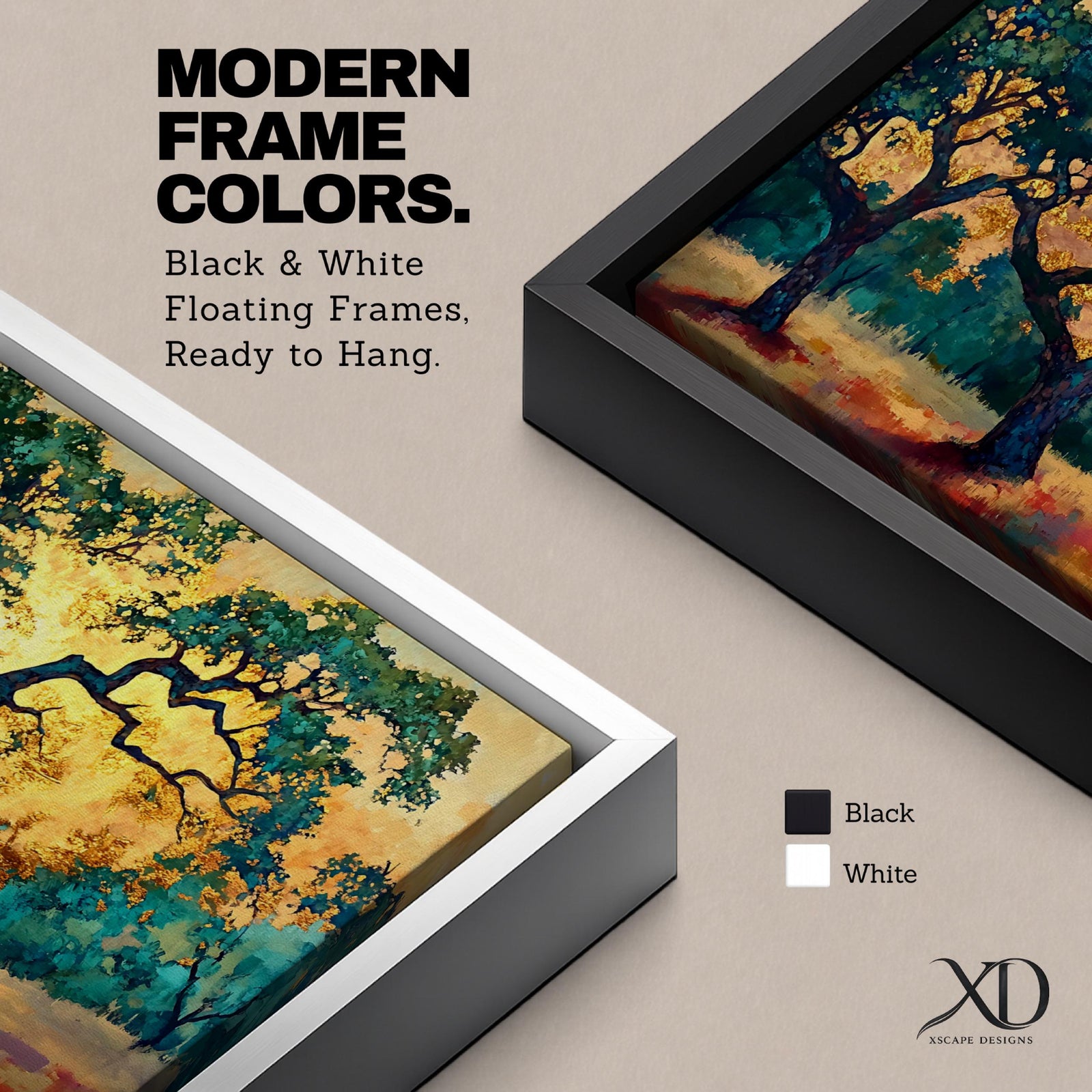 Panoramic painting of two large oak trees with twisting branches standing in a sunlit golden landscape with warm autumn tones and distant forest backdrop