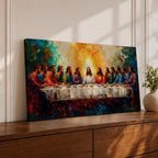 Panoramic painting of the Last Supper featuring Jesus and the twelve apostles gathered around a long table illuminated by a radiant golden light in a colorful expressive style.
