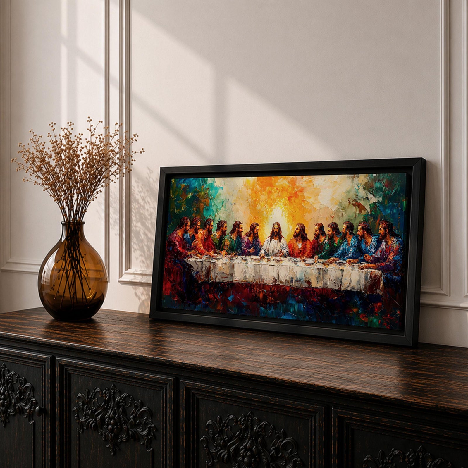 Panoramic painting of the Last Supper featuring Jesus and the twelve apostles gathered around a long table illuminated by a radiant golden light in a colorful expressive style.