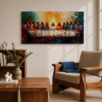 Panoramic painting of the Last Supper featuring Jesus and the twelve apostles gathered around a long table illuminated by a radiant golden light in a colorful expressive style.