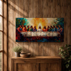 Panoramic painting of the Last Supper featuring Jesus and the twelve apostles gathered around a long table illuminated by a radiant golden light in a colorful expressive style.