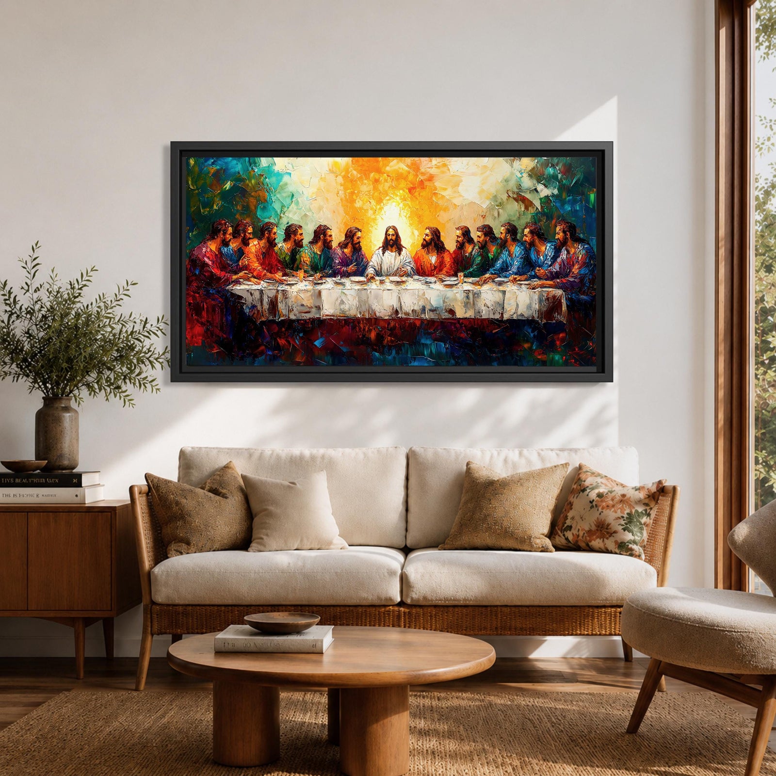 Panoramic painting of the Last Supper featuring Jesus and the twelve apostles gathered around a long table illuminated by a radiant golden light in a colorful expressive style.