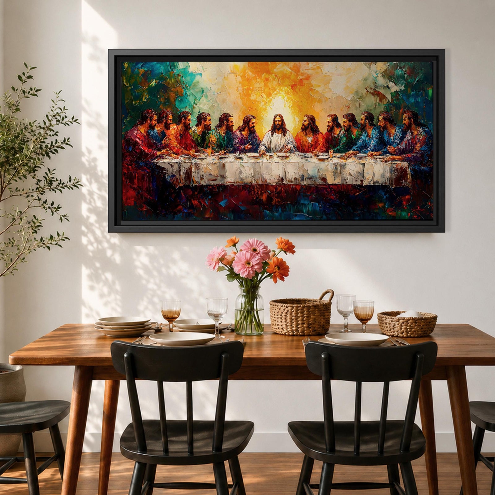 Panoramic painting of the Last Supper featuring Jesus and the twelve apostles gathered around a long table illuminated by a radiant golden light in a colorful expressive style.