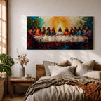 Panoramic painting of the Last Supper featuring Jesus and the twelve apostles gathered around a long table illuminated by a radiant golden light in a colorful expressive style.