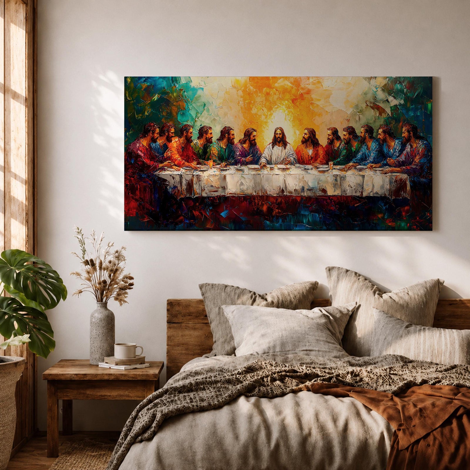 Panoramic painting of the Last Supper featuring Jesus and the twelve apostles gathered around a long table illuminated by a radiant golden light in a colorful expressive style.