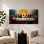 Panoramic painting of the Last Supper featuring Jesus and the twelve apostles gathered around a long table illuminated by a radiant golden light in a colorful expressive style.