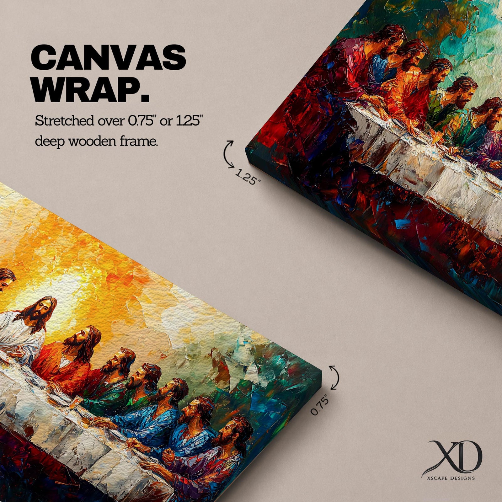 Panoramic painting of the Last Supper featuring Jesus and the twelve apostles gathered around a long table illuminated by a radiant golden light in a colorful expressive style.