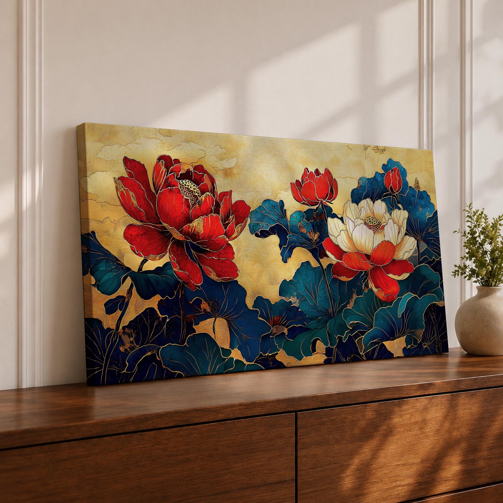 Panoramic painting of red and white peony flowers with deep blue leaves on a textured gold background in an Asian inspired floral composition