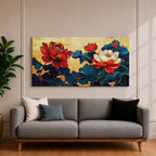 Panoramic painting of red and white peony flowers with deep blue leaves on a textured gold background in an Asian inspired floral composition