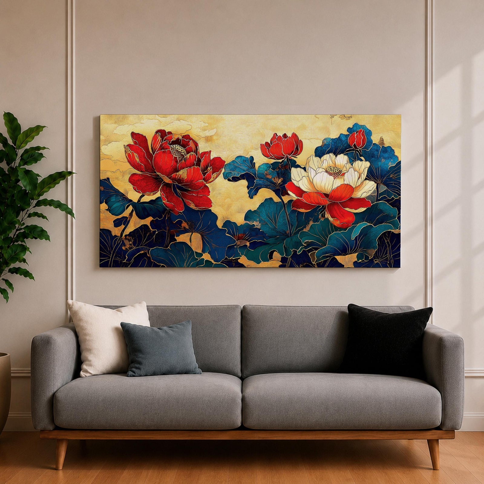 Panoramic painting of red and white peony flowers with deep blue leaves on a textured gold background in an Asian inspired floral composition