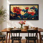 Panoramic painting of red and white peony flowers with deep blue leaves on a textured gold background in an Asian inspired floral composition