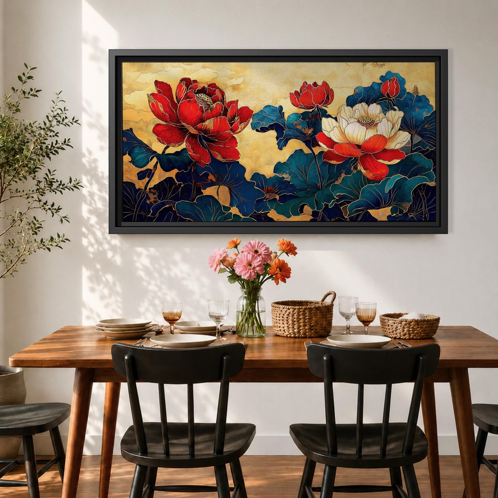 Panoramic painting of red and white peony flowers with deep blue leaves on a textured gold background in an Asian inspired floral composition