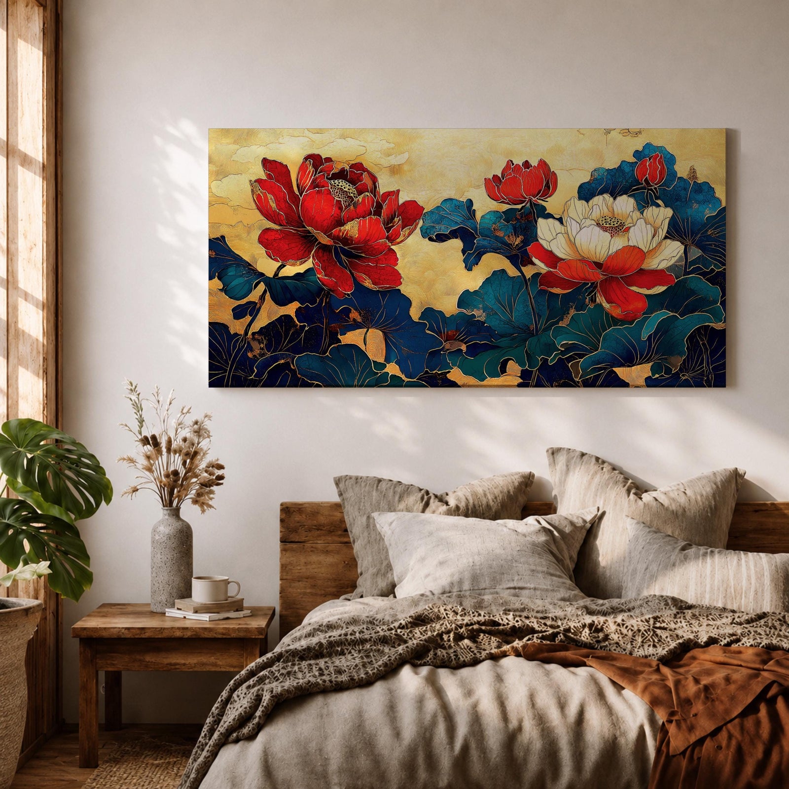 Panoramic painting of red and white peony flowers with deep blue leaves on a textured gold background in an Asian inspired floral composition