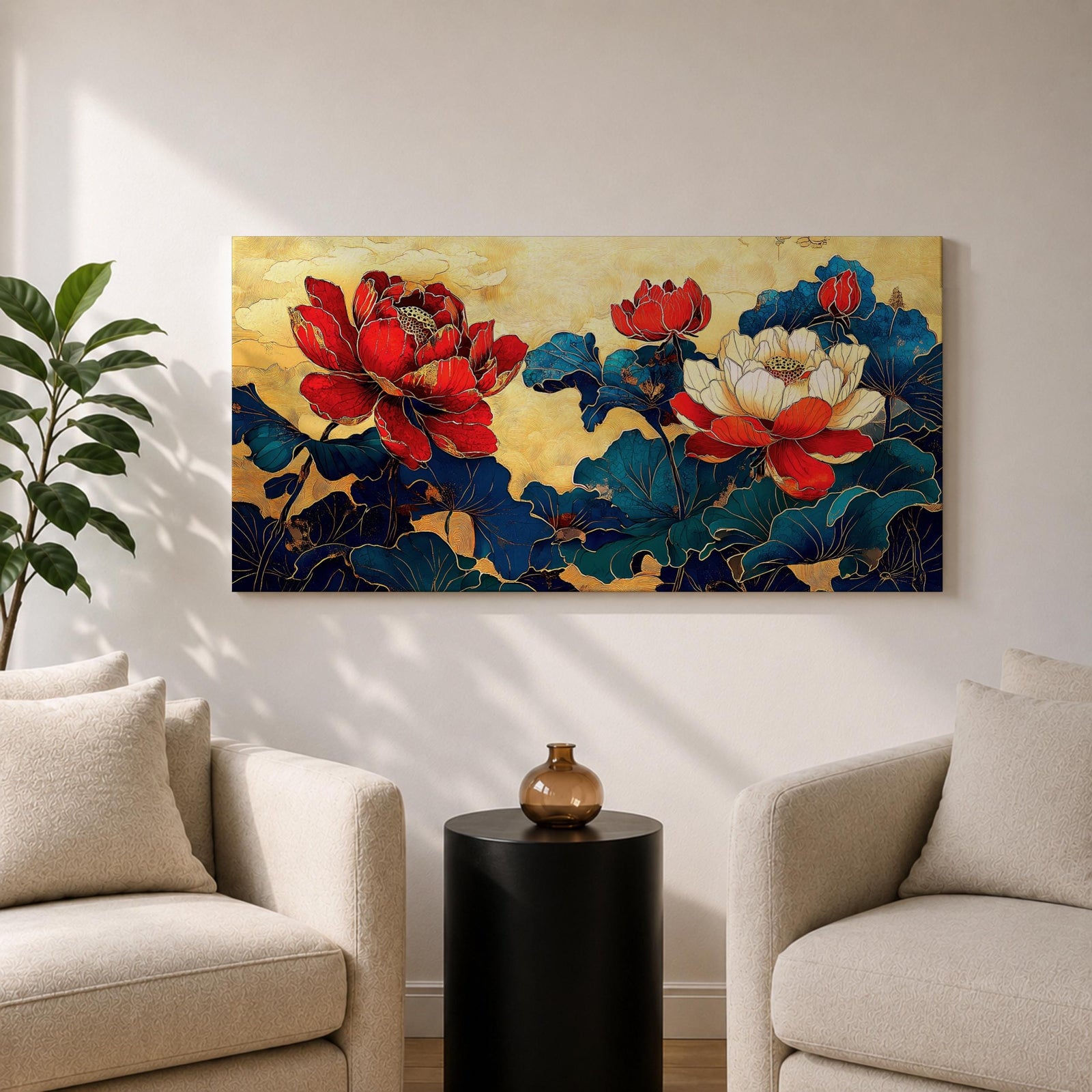 Panoramic painting of red and white peony flowers with deep blue leaves on a textured gold background in an Asian inspired floral composition