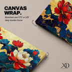 Panoramic painting of red and white peony flowers with deep blue leaves on a textured gold background in an Asian inspired floral composition