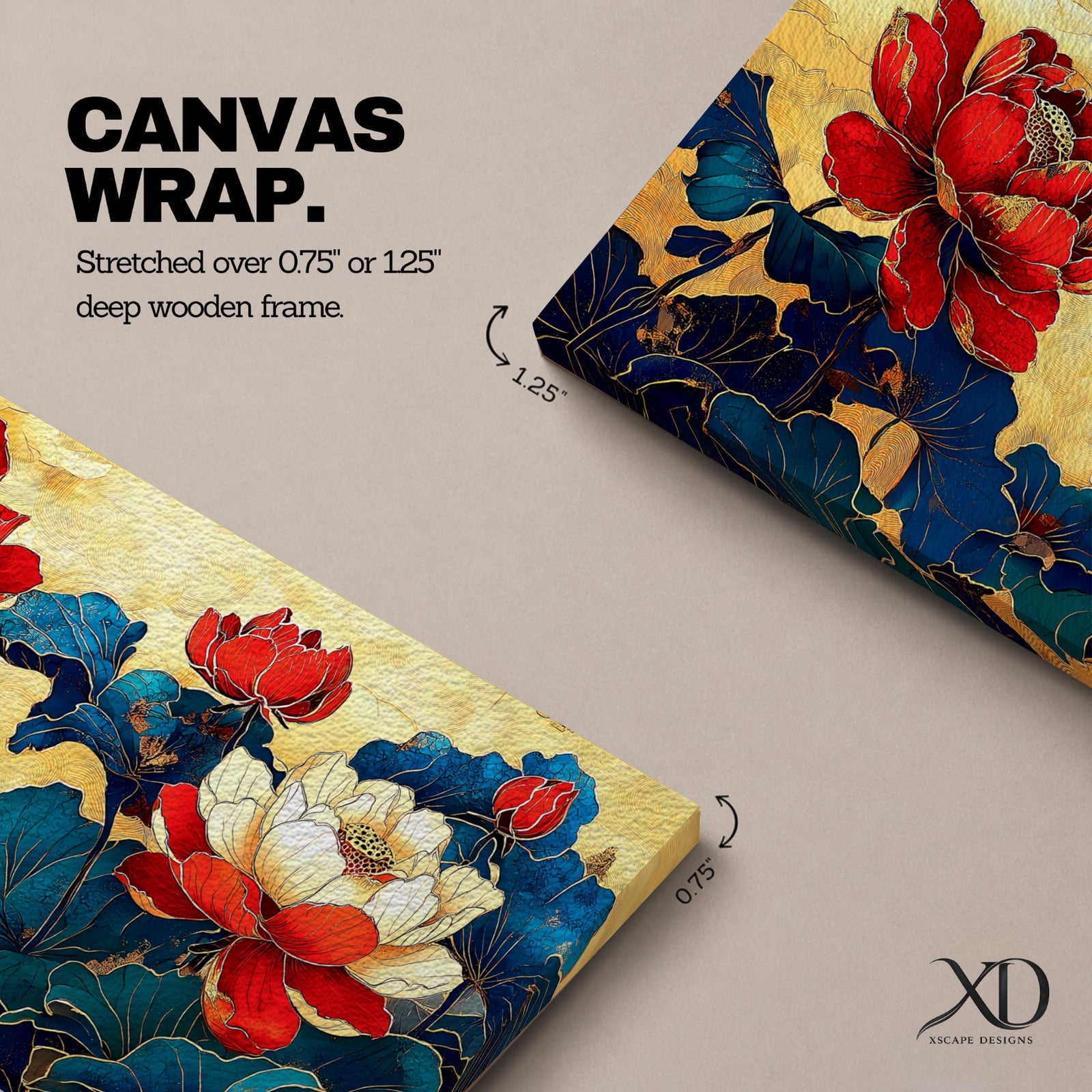 Panoramic painting of red and white peony flowers with deep blue leaves on a textured gold background in an Asian inspired floral composition
