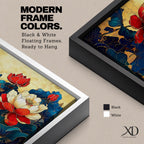 Panoramic painting of red and white peony flowers with deep blue leaves on a textured gold background in an Asian inspired floral composition