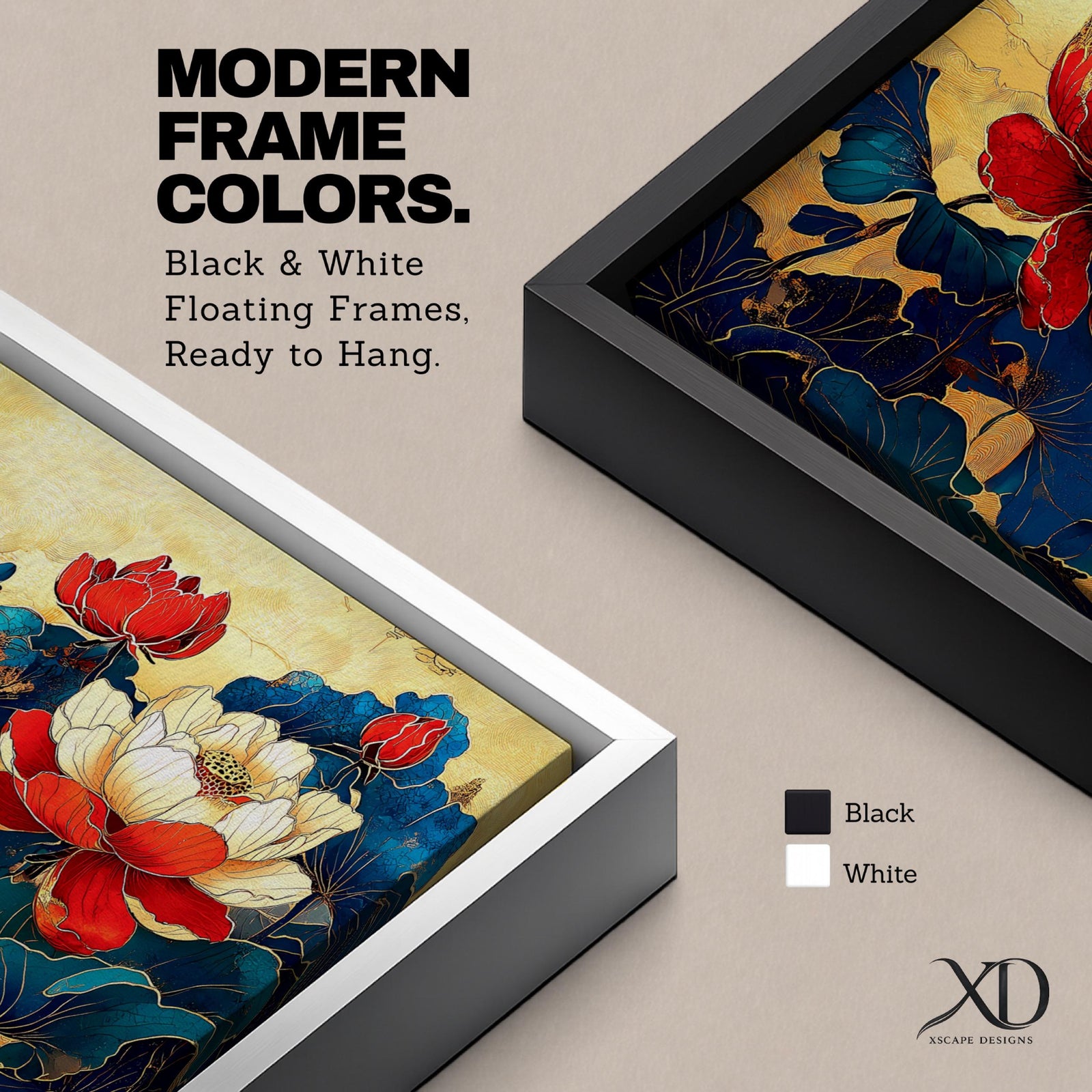 Panoramic painting of red and white peony flowers with deep blue leaves on a textured gold background in an Asian inspired floral composition