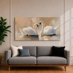 Panoramic painting depicting two white swans facing each other on calm water with their curved necks forming a heart shape. Soft brushstrokes and warm neutral tones surround the birds while gentle reflections appear on the lake surface, creating a serene composition centered on the pair of swans.
