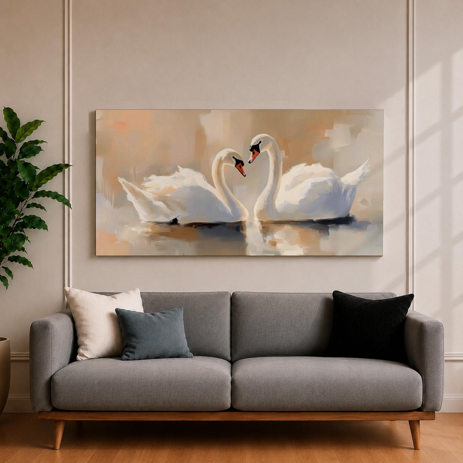 Panoramic painting depicting two white swans facing each other on calm water with their curved necks forming a heart shape. Soft brushstrokes and warm neutral tones surround the birds while gentle reflections appear on the lake surface, creating a serene composition centered on the pair of swans.