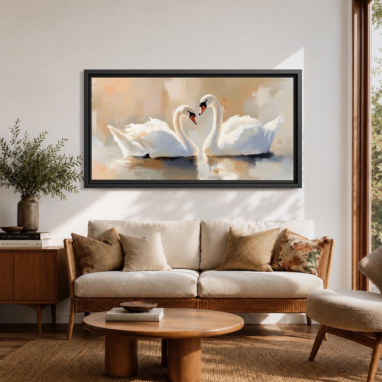 Panoramic painting depicting two white swans facing each other on calm water with their curved necks forming a heart shape. Soft brushstrokes and warm neutral tones surround the birds while gentle reflections appear on the lake surface, creating a serene composition centered on the pair of swans.