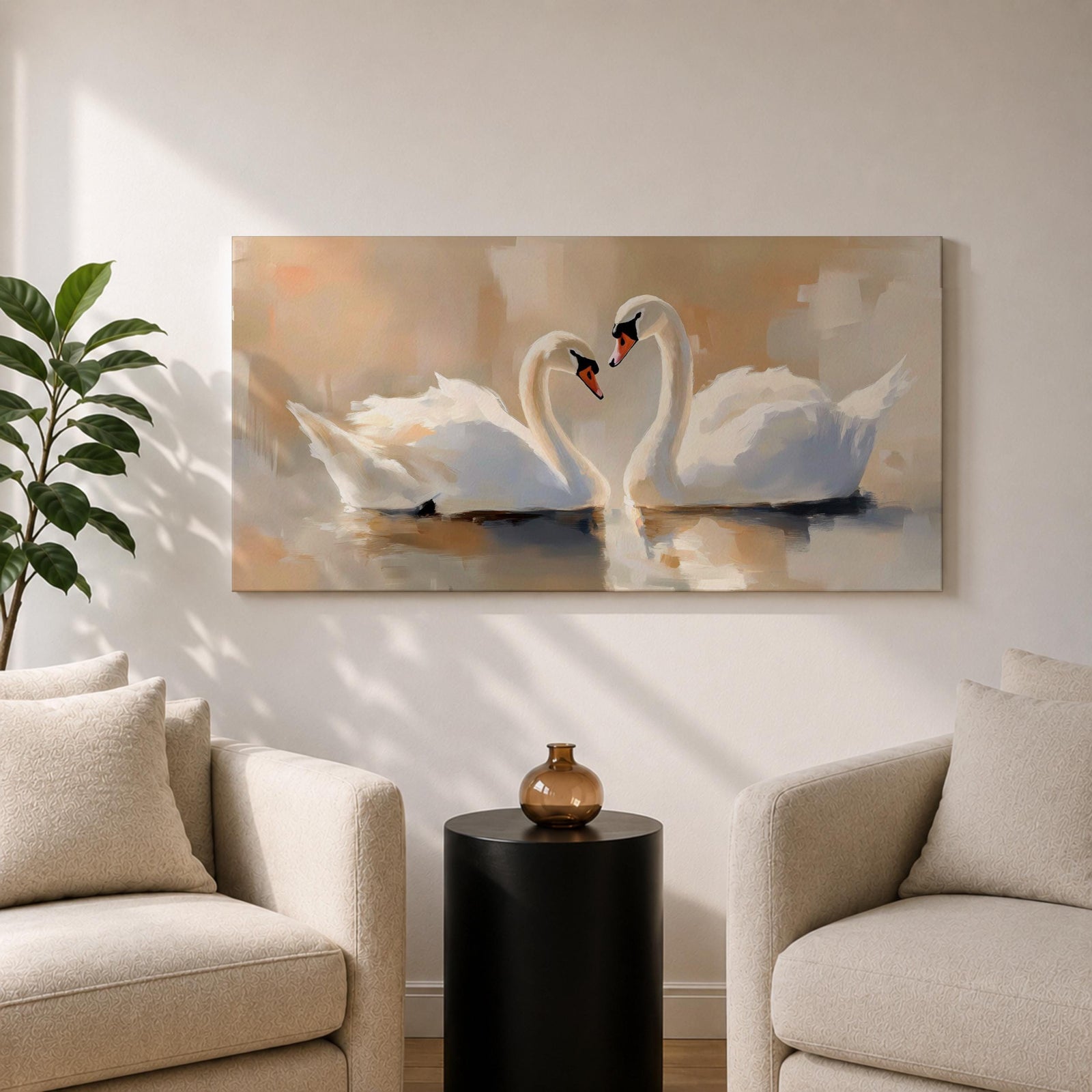 Panoramic painting depicting two white swans facing each other on calm water with their curved necks forming a heart shape. Soft brushstrokes and warm neutral tones surround the birds while gentle reflections appear on the lake surface, creating a serene composition centered on the pair of swans.