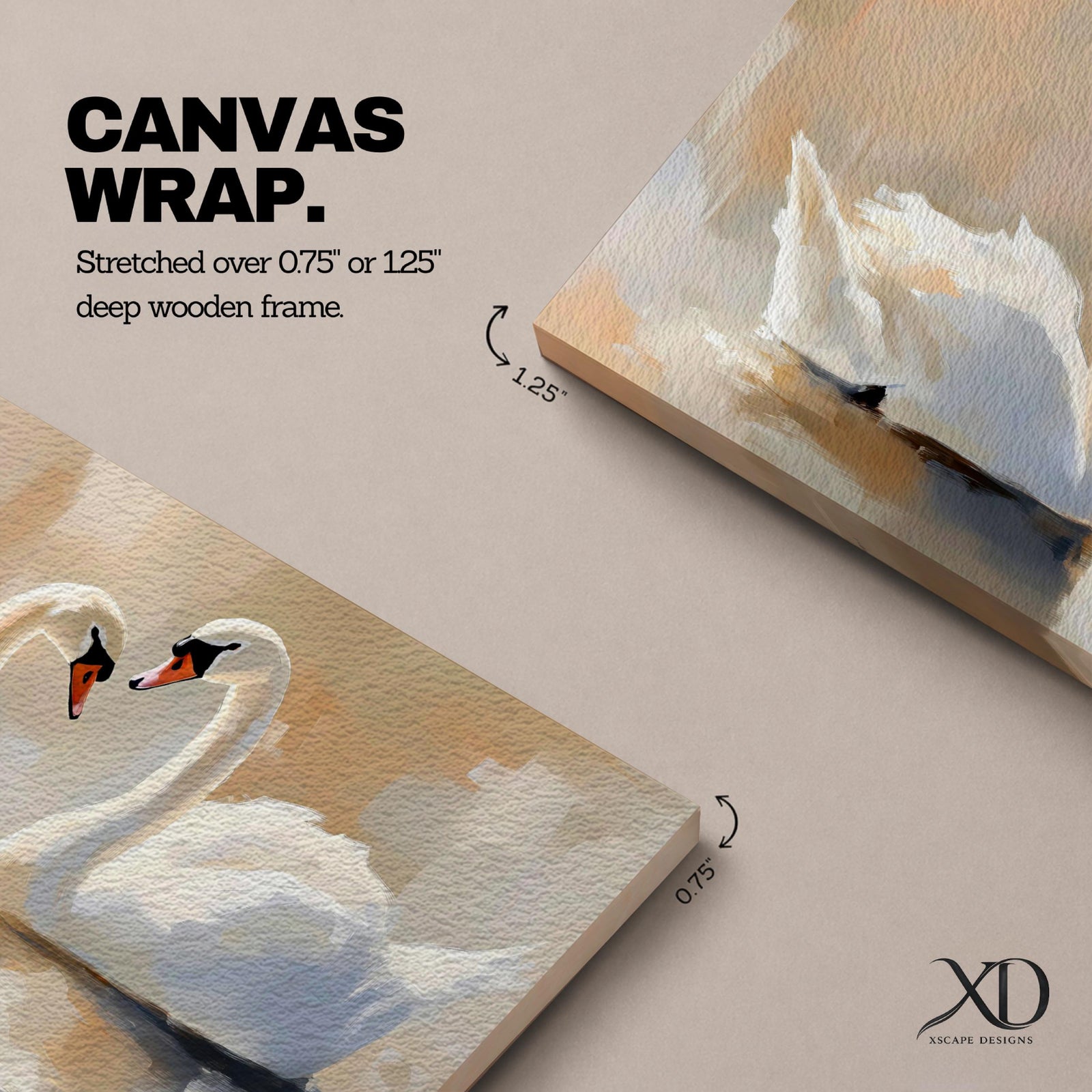 Panoramic painting depicting two white swans facing each other on calm water with their curved necks forming a heart shape. Soft brushstrokes and warm neutral tones surround the birds while gentle reflections appear on the lake surface, creating a serene composition centered on the pair of swans.